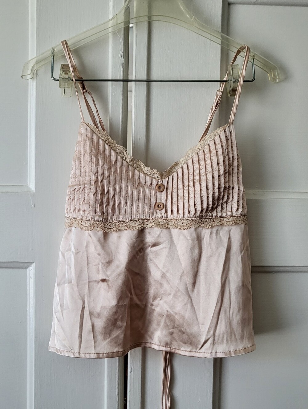 Light Blush Pink Satin Tie Back Cami Pintuck Lace Feminine Size Medium